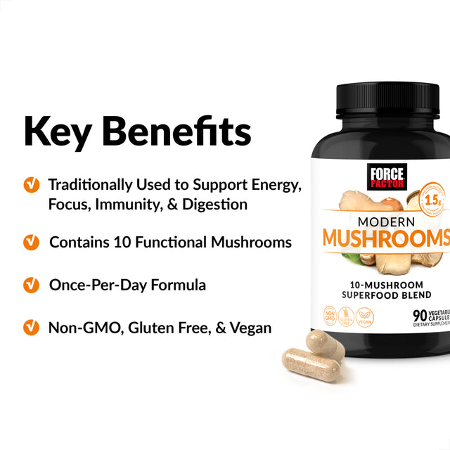 Force Factor Modern Mushrooms Capsules, Mushroom Supplement to Support Energy, Focus, Immunity, & Digestion with Cordyceps, Turkey Tail, Chaga, Reishi, Lion’S Mane, Shiitake, 90 Vegetable Capsules