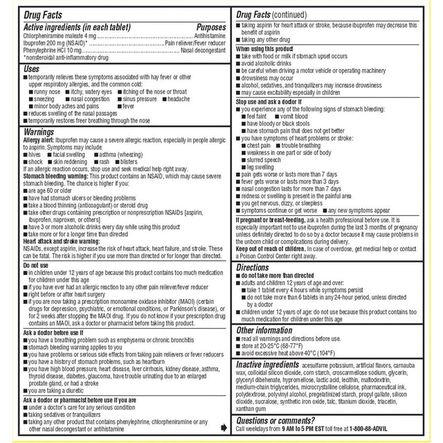 Advil Allergy and Congestion Relief Pain and Headache Reliever Ibuprofen, Coated Tablets, 50 Count