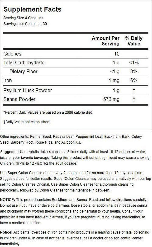 Health plus Super Colon Cleanse Digestive Support 120 Capsules, 60 Servings