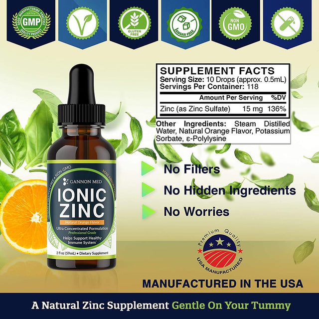 Ionic Zinc Liquid Natural Orange Flavor Drops - 115+ Day Supply - Gentle on Stomach - Easy to Take - Adult & Child Serving Size - Maximum Absorption & Potency Zinc Sulfate 15 Mg - Vegan - USA (4 Pack)