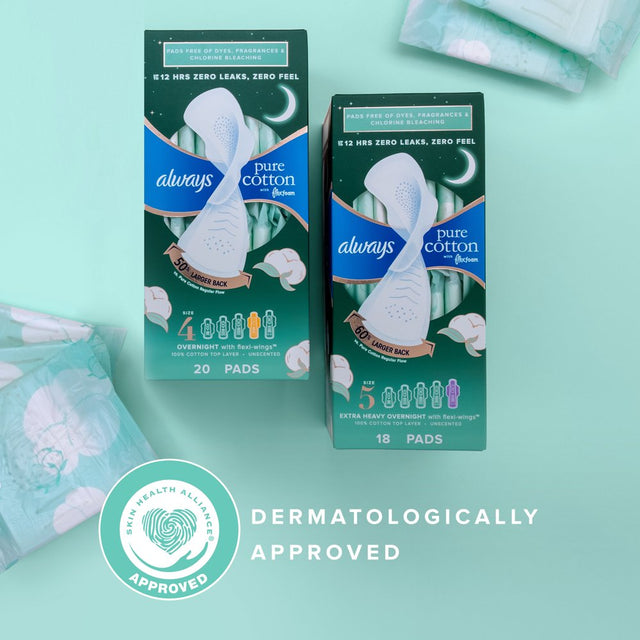 Always Pure Cotton Feminine Pads with Wings, Size 4, Overnight Absorbency, 28 CT