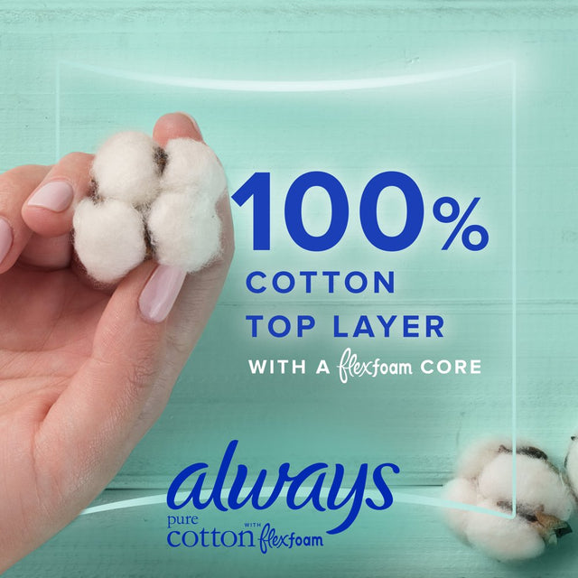 Always Pure Cotton Feminine Pads with Wings, Size 5, Extra Heavy Overnight Absorbency 18 CT