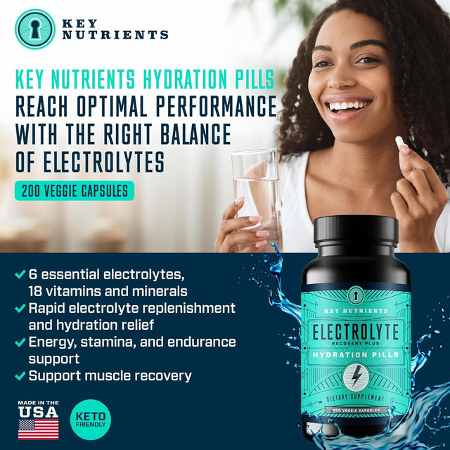 KEY NUTRIENTS Electrolyte Tablets, 200 Capsules, Salt Tablets for Runners, Fasting, Keto, Rapid Hydration & Recovery - Salt Pills with Electrolytes, No Sugar, Gluten Free Hydration Tablets