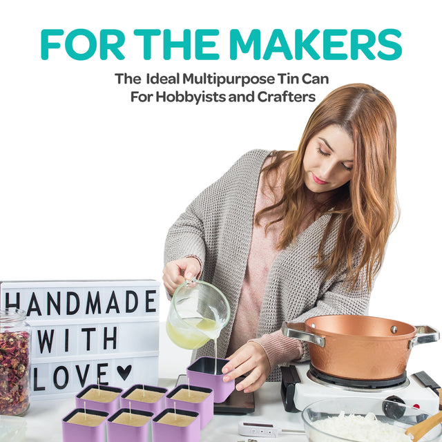 Hearts & Crafts Square 24 Tin Candle Tins with Lids for Candle Making - 8Oz - Lavender