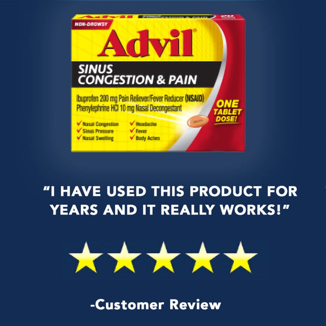 Advil Sinus Congestion and Pain, Sinus Medicine, Pain Reliever and Fever Reducer with Ibuprofen and Phenylephrine Hcl - 20 Coated Tablets