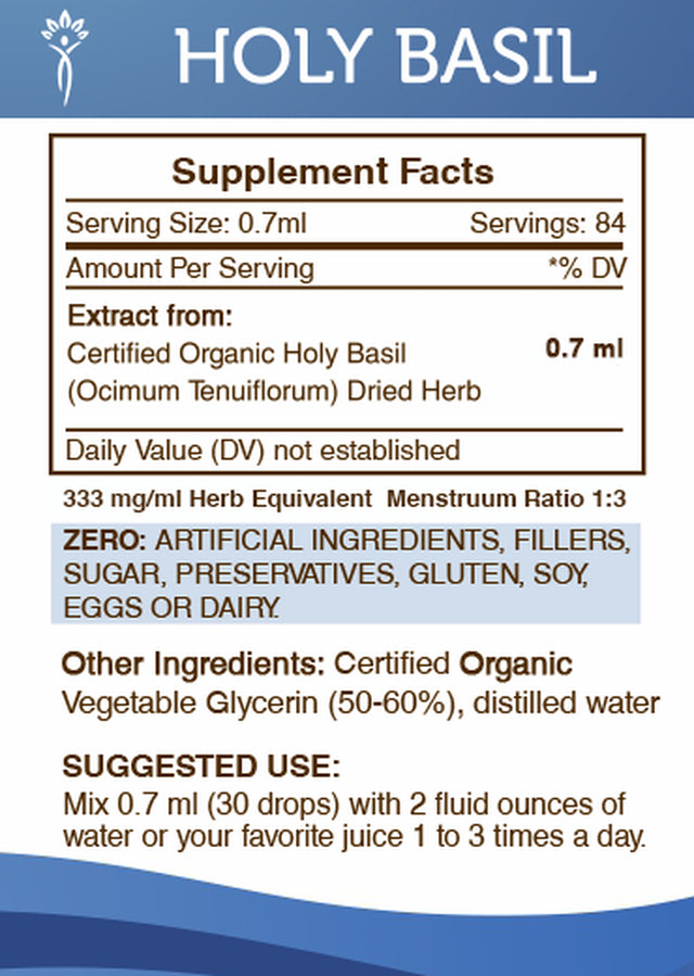 Holy Basil Tincture Alcohol-Free Extract, Organic Holy Basil (Ocimum Tenuiflorum) Dried Herb 2 Oz