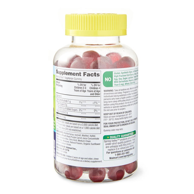 Spring Valley Zero Sugar Kids Melatonin Sleep Support Dietary Supplement Gummies, Raspberry and Blackberry, 1 Mg, 120 Count