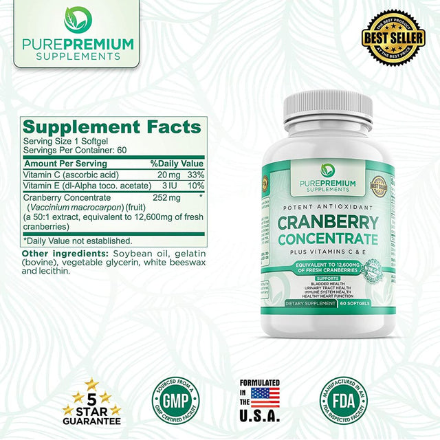 Cranberry Pills by Purepremium Supplements - Maximum Potency Cranberry Concentrate - Non-Gmo, 60 Softgels