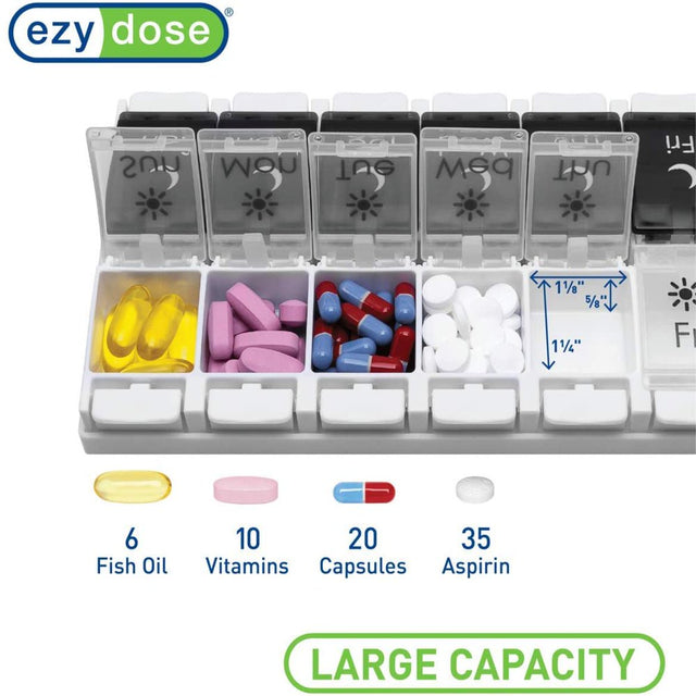 Ezy Dose Push Button Weekly ( 7-Day) Pill Organizer, AM/PM Pill Planner, Black and White