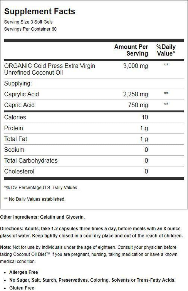 Health Support Coconut Oil Diet - 180 Softgel Capsules