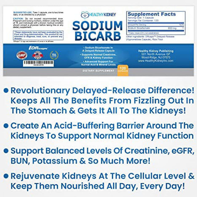 Healthy Kidney Sodium Bicarb 650Mg Capsules, Sodium Bicarbonate to Support Normal Kidney Function, Kidney Health Supplement for Kidney Support, Acid Relief, Alkalinity, 120 Capsules