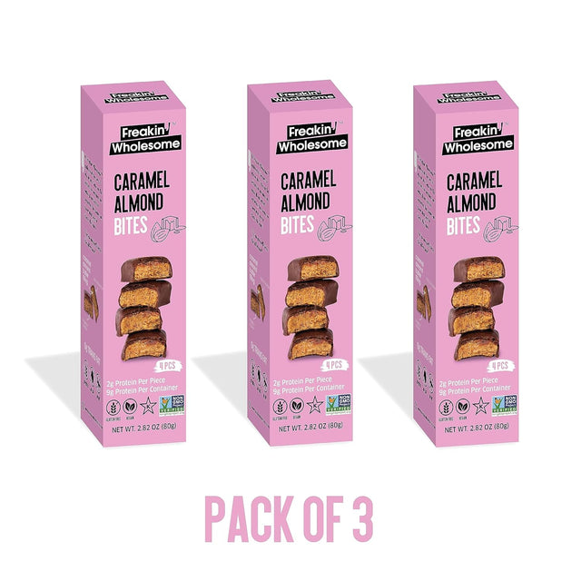 Freakin' Wholesome Chocolate Covered Caramel Almond Bites, High Protein Snacks 2.82 Ounces per Box. (Pack of 3). Vegan Gluten Free