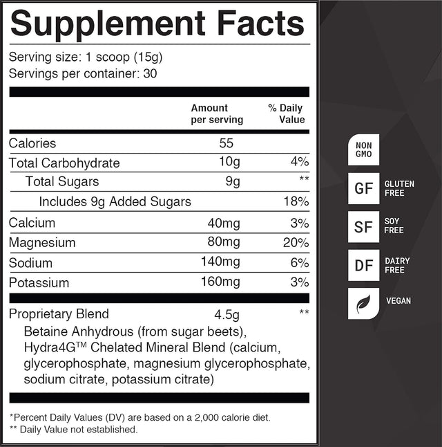 All-Natural Electrolyte Hydration Mix, Raspberry, Hydra 4G Mineral Blend, Betaine to Aid Metabolism, No Artificial Sweeteners, Gluten-Free, 450G Pouch, 30 Servings