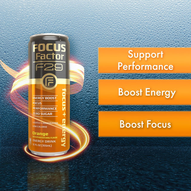 Focus Factor F29 Nootropic Focus + Energy Drink (Orange Flavor) – Sugar Free, Pack of 12 – Lightly Carbonated – 10 Calories per Serving – Nootropic Beverage