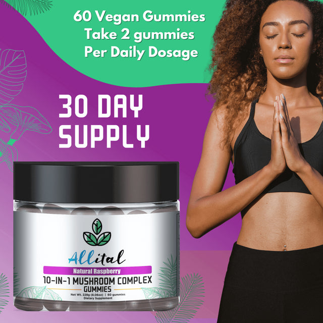 Allital 10-IN-1 Mushroom Complex | Mushroom Supplement 2500Mg | 60 Vegan Mushroom Gummies | Lions Mane, Cordyceps, Chaga, Shiitake, Reishi, Maitake, Turkey Tail, Royal Sun, White Button and Cloud Ear