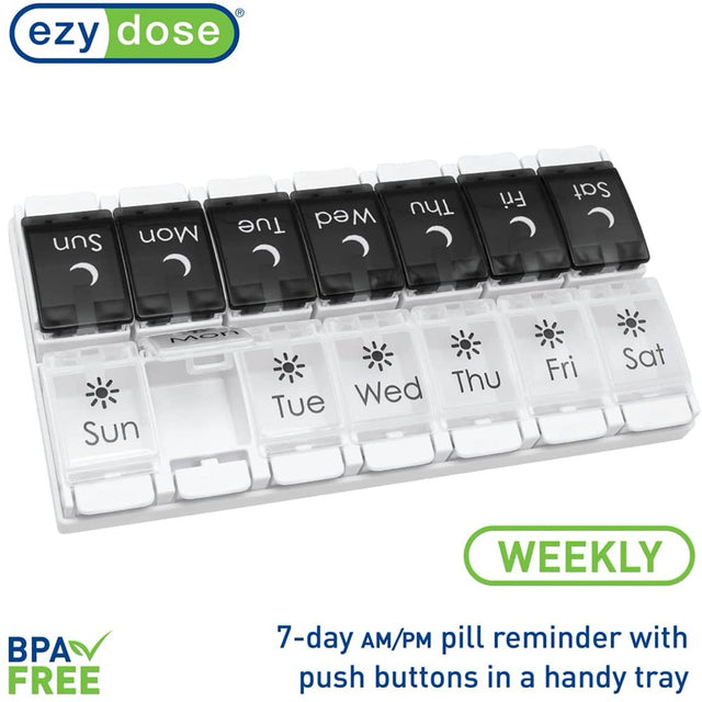 Ezy Dose Push Button Weekly ( 7-Day) Pill Organizer, AM/PM Pill Planner, Black and White