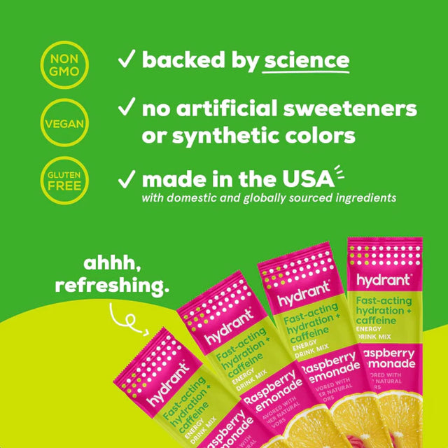 Hydrant Energy 30 Stick Pack, Caffeine & L-Theanine Rapid Hydration Mix, Electrolyte Hydration Powder Packets with Zinc (Raspberry Lemonade, 30 Count)