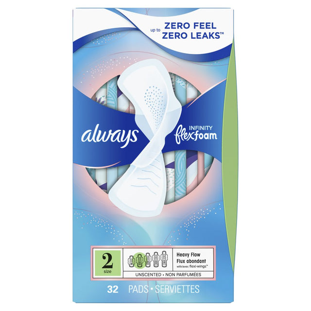 Always Infinity Feminine Pads with Wings, Size 2, Heavy Absorbency, Unscented, 32 Count