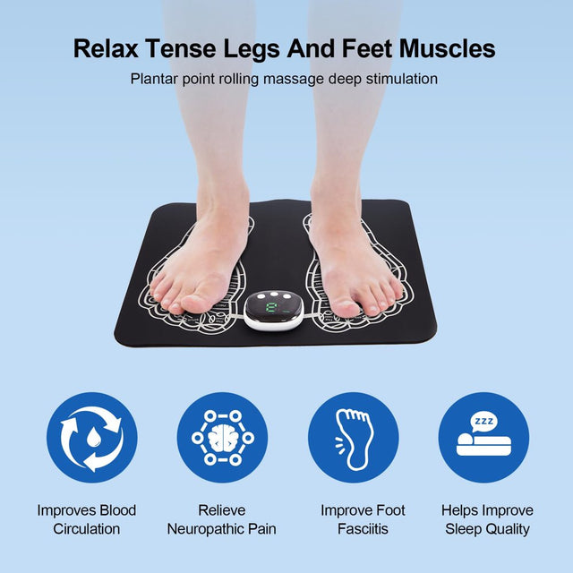 EMS Foot Massager Mat–Foot Stimulator Massager Pad–Foldable Feet and Calves Massage Machine with 8 Modes and 19 Intensity Levels, 2 Hours Long Battery Life, for Improved Circulation, Muscle Relaxation