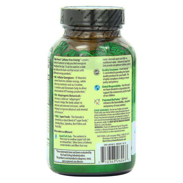 Irwin Naturals Triple Boost Caffeine-Free Energy 75 Liquid Softgels + Pill Case