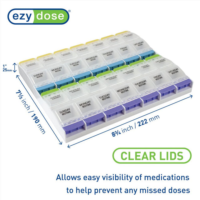 Ezy Dose Weekly (7-Day) Pill Organizer, 4 Times a Day Pill Planner, Push Button Compartments (2XL)