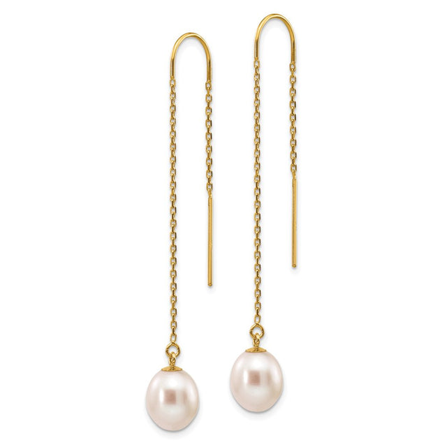 Finest Gold 14K Yellow Gold 7-8 Mm White Rice Freshwater Cultured Pearl Dangle Threader Earrings