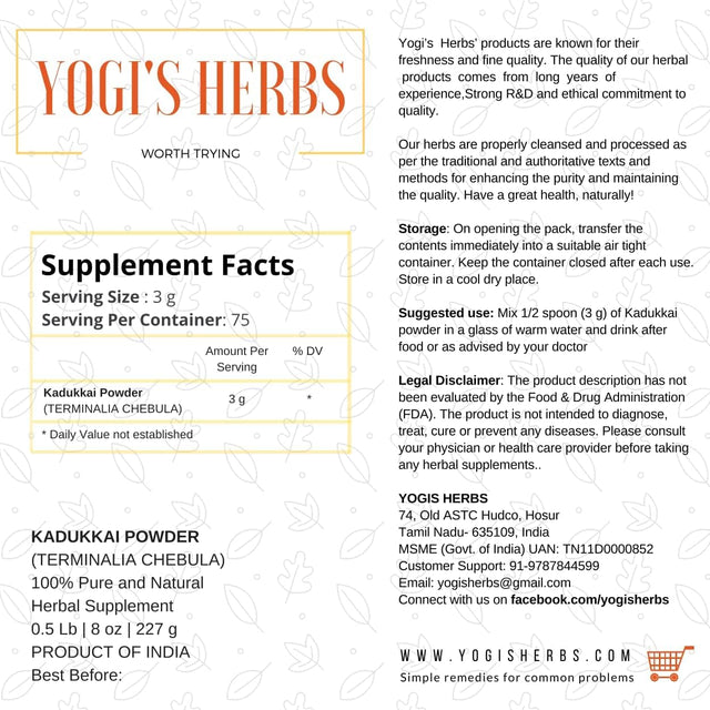 KADUKKAI Powder (Terminalia Chebula/Haritaki) – Fresh & Pure (1/2 Lb, 8 Oz)