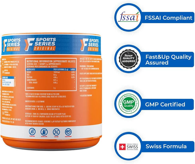 FAST&UP Glutamine Supplement - 5G Micronized L-Glutamine - Muscle Growth and Recovery - 30 Servings - Unflavoured
