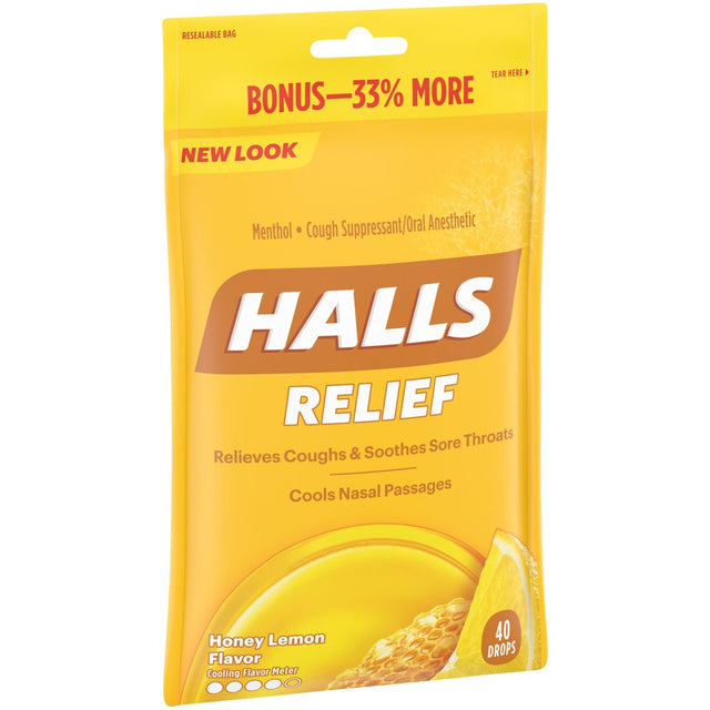 HALLS Relief Honey Lemon Flavor Cough Drops, 1 Bag (40 Total Drops)