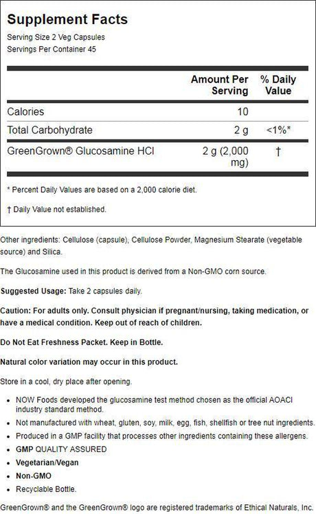 NOW Supplements, Glucosamine '1000' (Greengrown® Glucosamine), Vegetarian, 90 Veg Capsules