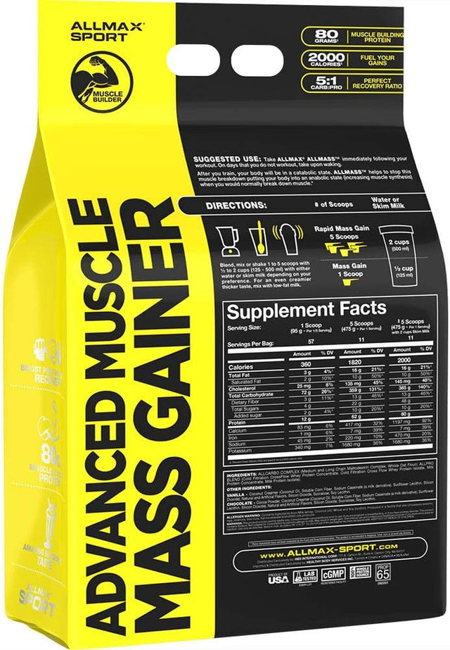 ALLMAX ALLMASS, Vanilla - 12 Lb - Advanced Muscle Gainer - up to 80 Grams of Protein per Serving - 5:1 Carb-To-Protein Ratio - Zero Trans Fat - up to 57 Servings