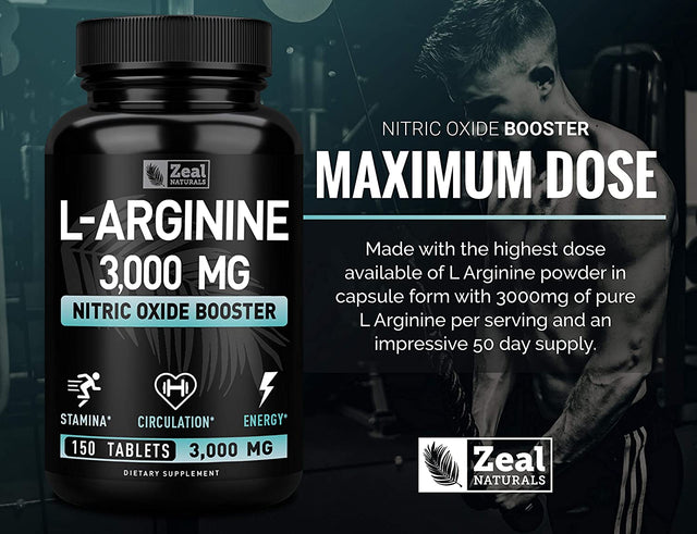 L Arginine 3000Mg Capsules (150 Tablets | 1000Mg) Maximum Dose L-Arginine Nitric Oxide Supplement for Supporting Muscle Growth, Vascular Function and Energy - Nitric Oxide Booster