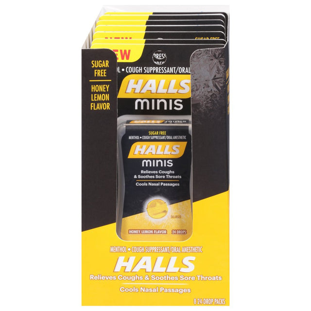 HALLS Minis Honey Lemon Flavor Sugar Free Cough Drops, 8 Pack of 24 Drops (192 Drops Total)