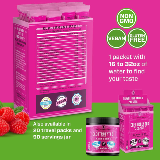 KEY NUTRIENTS Electrolytes Powder Packets - Juicy Raspberry 40 Pack Hydration Packets - Travel Hydration Powder - No Sugar, No Calories, Gluten Free - Made in USA