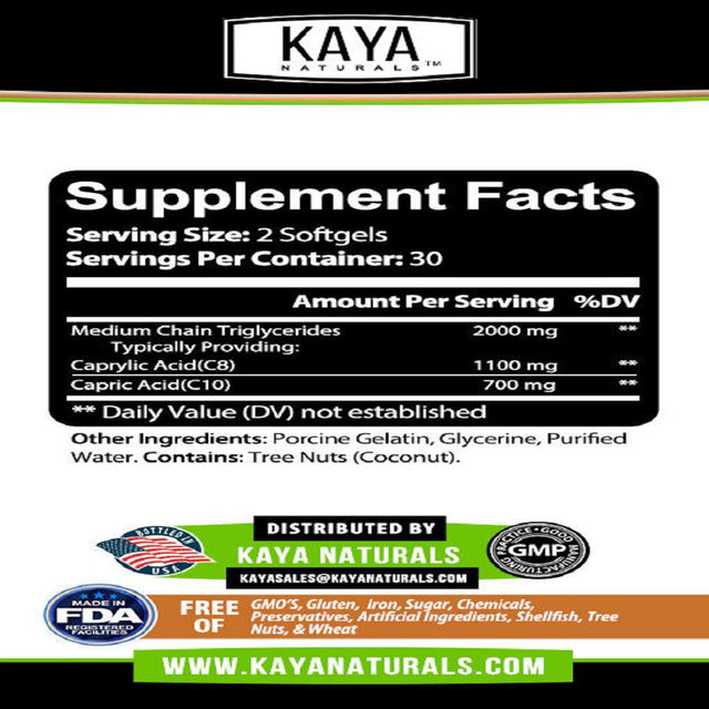 Kaya Naturals 3X 60Ct Pure MCT Oil 2000Mg, C8 C10 Weight Loss, Energy, Inflammation Capsules