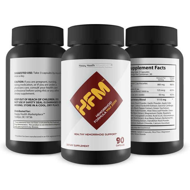 HFM Hemorrhoid Formula Max 2000 - Natural Hemorrhoid Support Supplement - Help Improve Circulation and Reduce Swelling for Discomfort Relief - Support Colon Health & Strain-Free Bowel Movements
