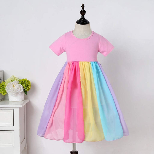 12M-6T Children'S Girls Rainbow Skirt Short Sleeve Stitching Princess Dress,Gown Birthday Party Dresses