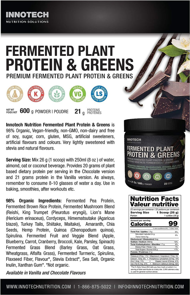 Innotech Nutrition Solutions Fermented Plant Protein & Greens Chocolate Lightly Sweetened - 600 G