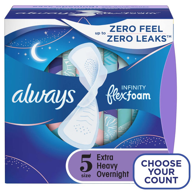 Always Infinity Feminine Pads with Wings, Size 5, Extra Heavy Overnight Absorbency, Unscented, 22 Count