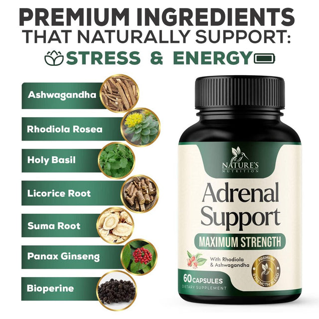 Adrenal Support Supplements & Cortisol Manager with Ashwagandha and 10 Herbs & Nutrients to Support Adrenal Function, Cortisol Health, Energy Levels, Stress & Relaxation Support & Sleep - 60 Capsules