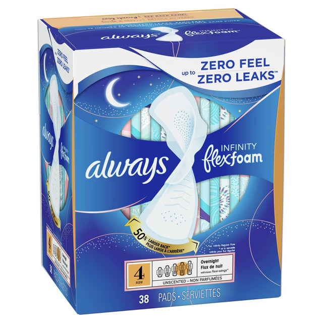 Always Infinity Feminine Pads with Wings, Size 4, Overnight Absorbency, Unscented, 38 Ct