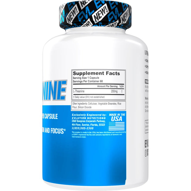 L Theanine 200Mg Capsules for Focus and Relaxation - Evlution Nutrition L-Theanine 200Mg Nootropic Supplement for Attention Energy and Focus - Daytime Mood Support and Nootropic Focus Supplement