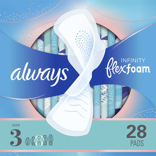 Always Infinity Feminine Pads with Wings, Size 3, Extra Heavy Absorbency, Unscented, 28 Ct