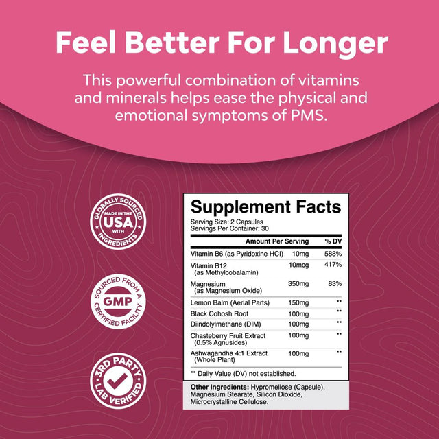 Advanced PMS Support Supplement for Women - Multibenefit PMS Relief Complex for Low Energy Mood Support Period Cramps and Bloating Relief for Women - Menstrual Hormonal Balance for Women (60 Capsules)
