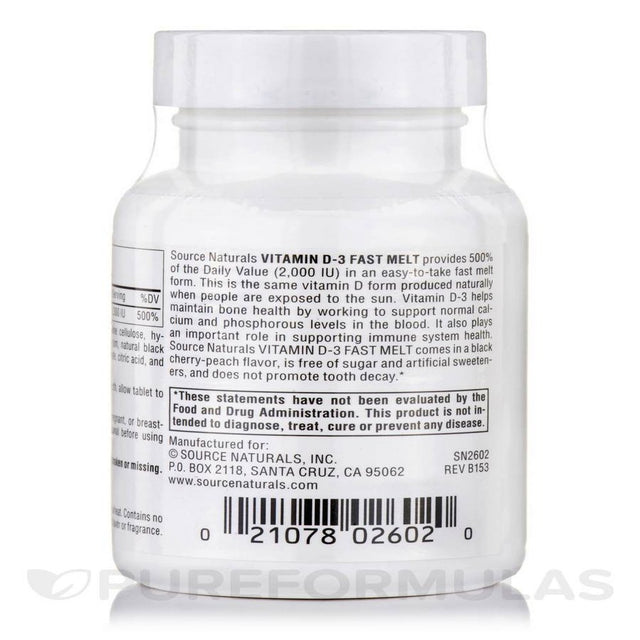 Source Naturals, Inc. Vitamin D-3 2000 IU Fast Melt 60 Sublingual Tablet
