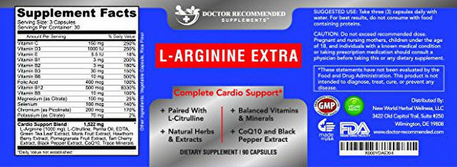 L-Arginine- 90 Capsules- 1000 Mg Nitric Oxide Formula by Doctor Recommended Supplements - Supports Cardio Health, Nitric Oxide Production , Stamina & More - 1 Month Supply