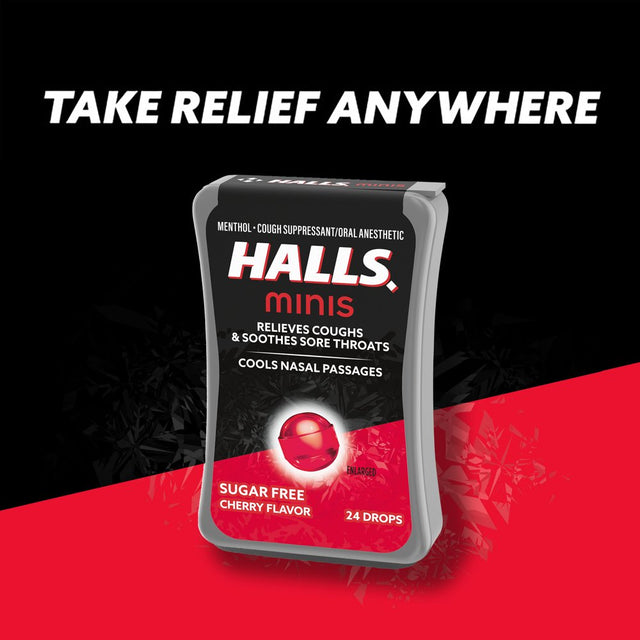 HALLS Minis Cherry Flavor Sugar Free Cough Drops, 24 Drops