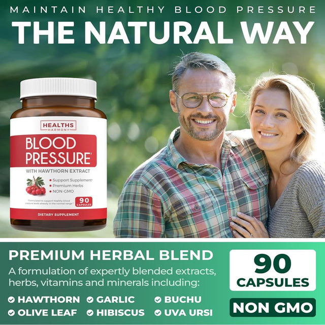 Healths Harmony Natural Blood Pressure Support Supplement - Support Healthy Blood Pressure & Circulation with Hawthorn Berry Extract - 90 Capsules