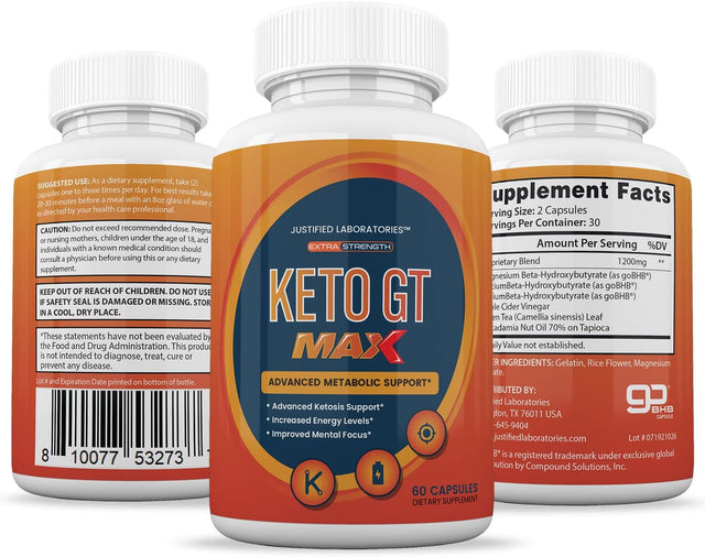 Justified Laboratories (3 Pack) Keto GT Max 1200MG Includes Apple Cider Vinegar Gobhb Exogenous Ketones Keto Pills Supplement Premium Ketosis Support for Men Women 180 Capsule