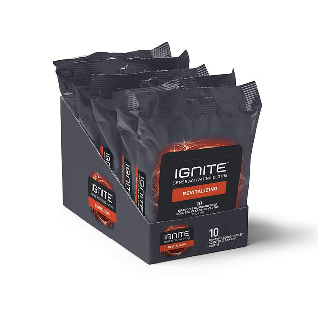 Ignite Mens Body Wet Wipes, Extra Thick 8" X 8" Shower Wipes, Revitalizing Scent, 10 Count (Pack of 5)
